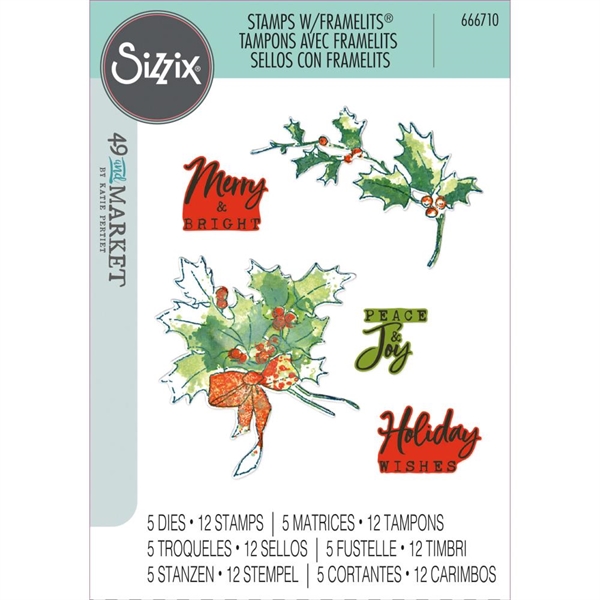 Sizzix Framelits Die & A5 Stamp Set By 49 & Market - Pencil Line Holly