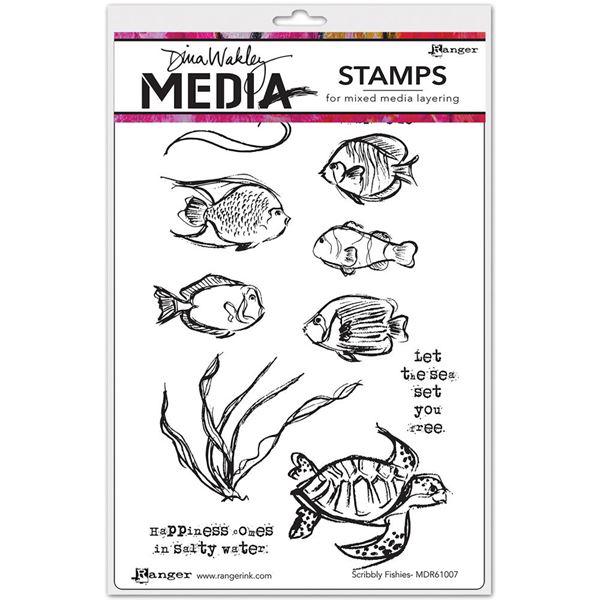 Dina Wakley Cling Rubber Stamp Set - Scribbly Fishes 