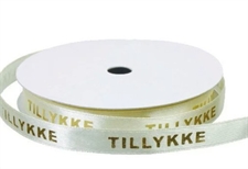 Satin Bånd m. Tryk - Tillykke / Creme m. Guld