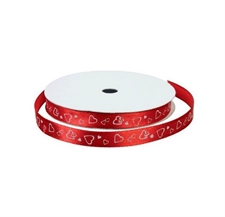 Satin Bånd m. Tryk - Hjerter / Rød