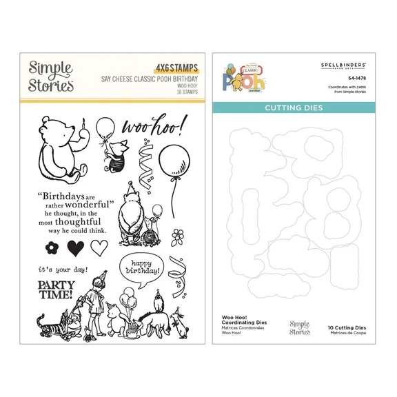 Simple Stories Stamps & Spellbinders Dies - Say Cheese Classic Pooh Birthday / Woo Hoo!