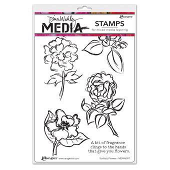 Dina Wakley Cling Rubber Stamp Set - Scribbly Flowers
