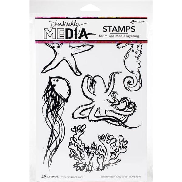 Dina Wakley Cling Rubber Stamp Set - Scribbly Reef Creatures