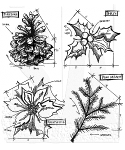 Tim Holtz Cling Rubber Stamp Set - Christmas Blueprint #4 (kogle m.m.)